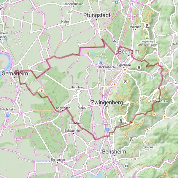 Map miniature of "Gernsheim to Felsenmeer and Schloss Auerbach" cycling inspiration in Darmstadt, Germany. Generated by Tarmacs.app cycling route planner