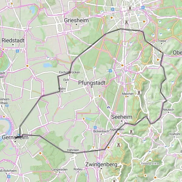Map miniature of "Cultural Tour" cycling inspiration in Darmstadt, Germany. Generated by Tarmacs.app cycling route planner