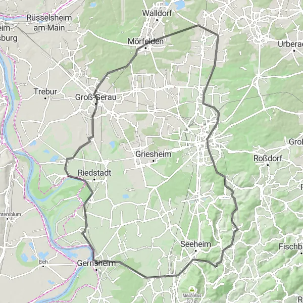 Map miniature of "The Rhein Explorer" cycling inspiration in Darmstadt, Germany. Generated by Tarmacs.app cycling route planner