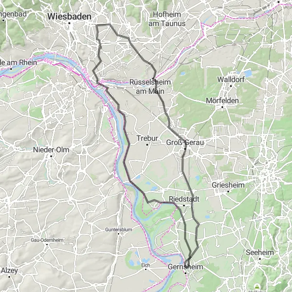 Map miniature of "The Road to Exploration" cycling inspiration in Darmstadt, Germany. Generated by Tarmacs.app cycling route planner