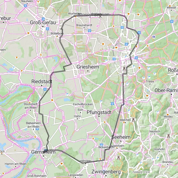 Map miniature of "The Countryside Retreat" cycling inspiration in Darmstadt, Germany. Generated by Tarmacs.app cycling route planner