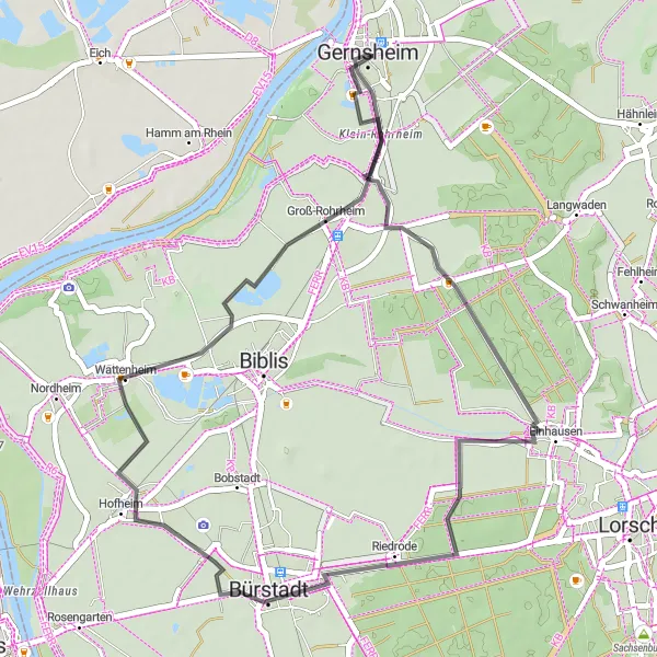 Map miniature of "Gernsheim to Groß-Rohrheim" cycling inspiration in Darmstadt, Germany. Generated by Tarmacs.app cycling route planner