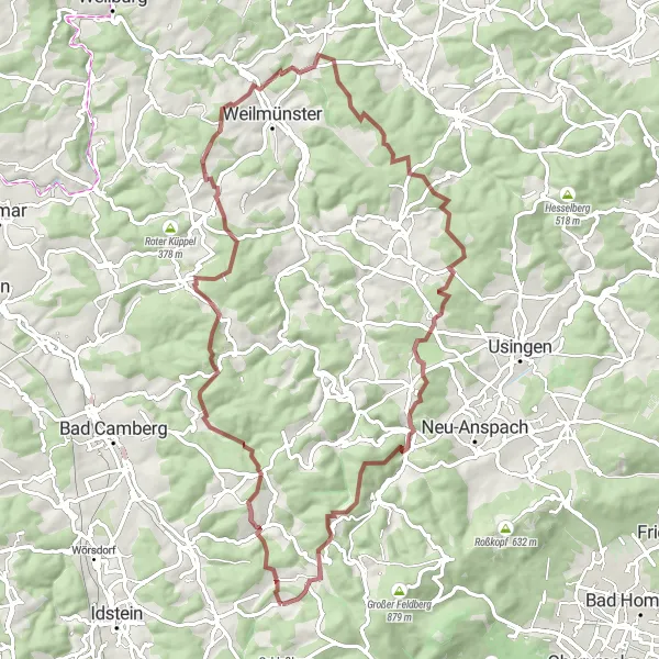 Karten-Miniaturansicht der Radinspiration "Kröftel und Nesselberg Gravel-Runde" in Darmstadt, Germany. Erstellt vom Tarmacs.app-Routenplaner für Radtouren