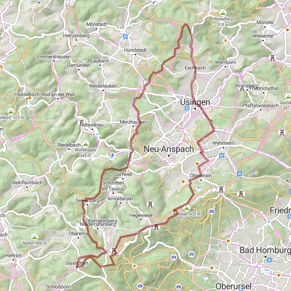 Karten-Miniaturansicht der Radinspiration "Glasöfen an der Emsbachschlucht Gravel-Tour" in Darmstadt, Germany. Erstellt vom Tarmacs.app-Routenplaner für Radtouren