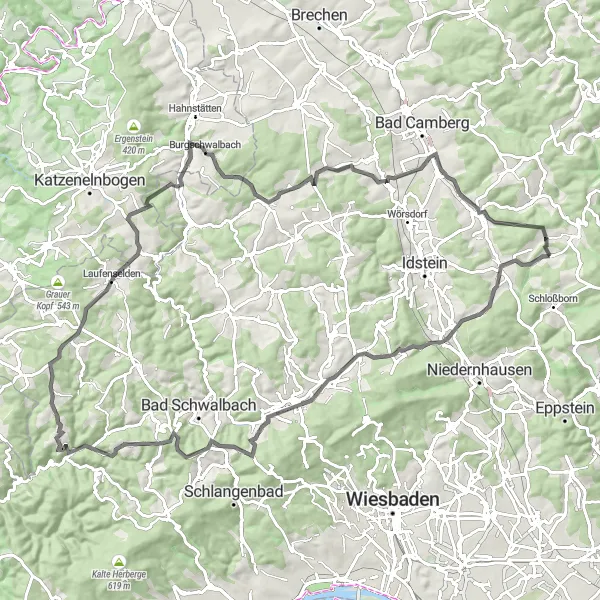 Map miniature of "Challenging Adventure near Glashütten" cycling inspiration in Darmstadt, Germany. Generated by Tarmacs.app cycling route planner