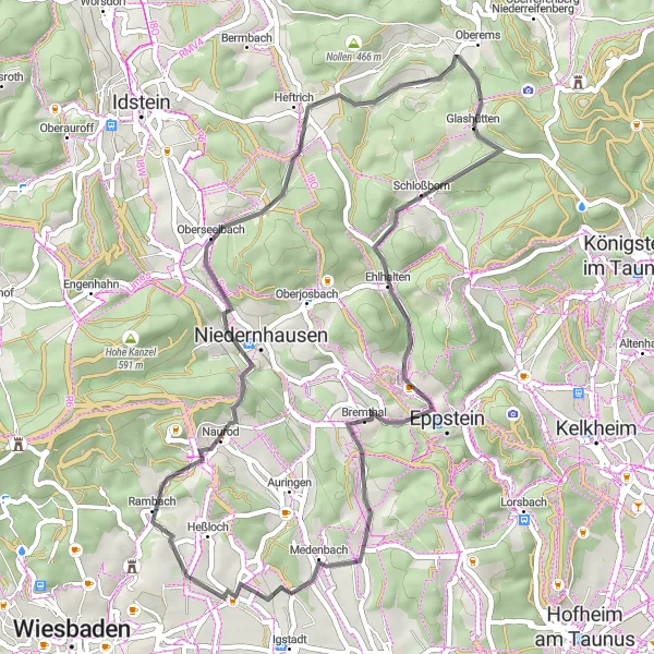 Map miniature of "Scenic Delights near Glashütten" cycling inspiration in Darmstadt, Germany. Generated by Tarmacs.app cycling route planner
