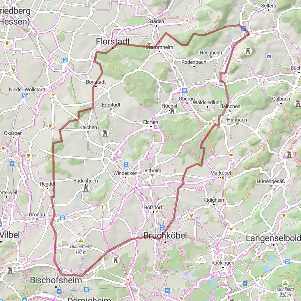 Map miniature of "Gravel Adventure to Honigberg" cycling inspiration in Darmstadt, Germany. Generated by Tarmacs.app cycling route planner