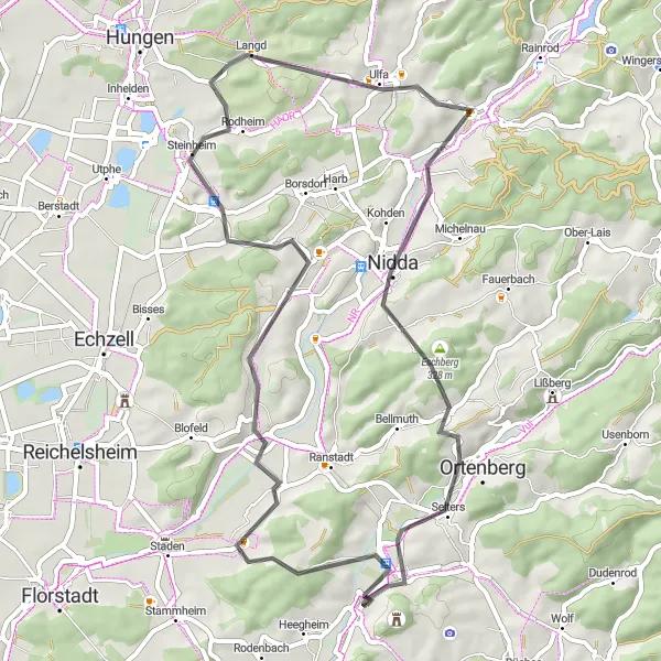 Map miniature of "Through the Hills to Nidda" cycling inspiration in Darmstadt, Germany. Generated by Tarmacs.app cycling route planner