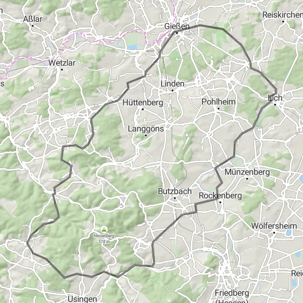 Map miniature of "Round-Trip Cycling Route: Grävenwiesbach and Surroundings" cycling inspiration in Darmstadt, Germany. Generated by Tarmacs.app cycling route planner