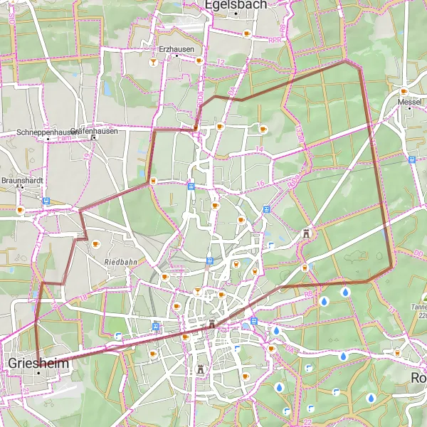Karten-Miniaturansicht der Radinspiration "Gravel-Erkundung um Griesheim" in Darmstadt, Germany. Erstellt vom Tarmacs.app-Routenplaner für Radtouren