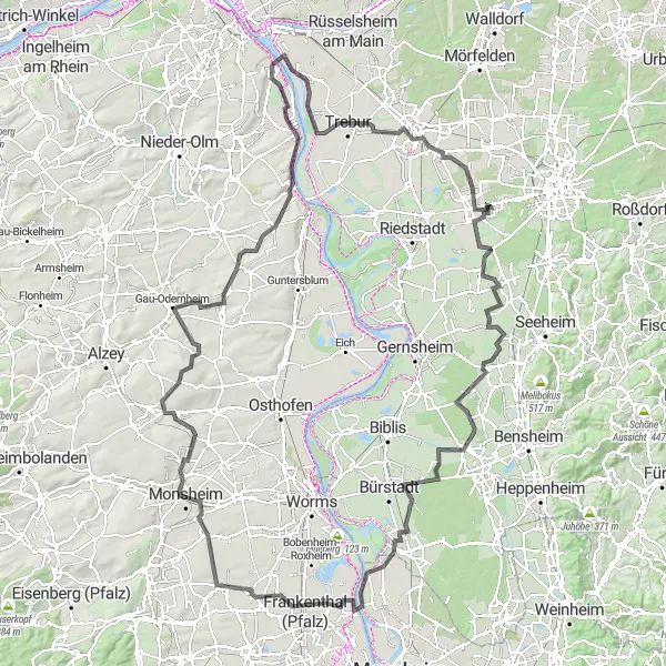 Map miniature of "Road Cycling Route: Griesheim to Frankenthal (Pfalz)" cycling inspiration in Darmstadt, Germany. Generated by Tarmacs.app cycling route planner