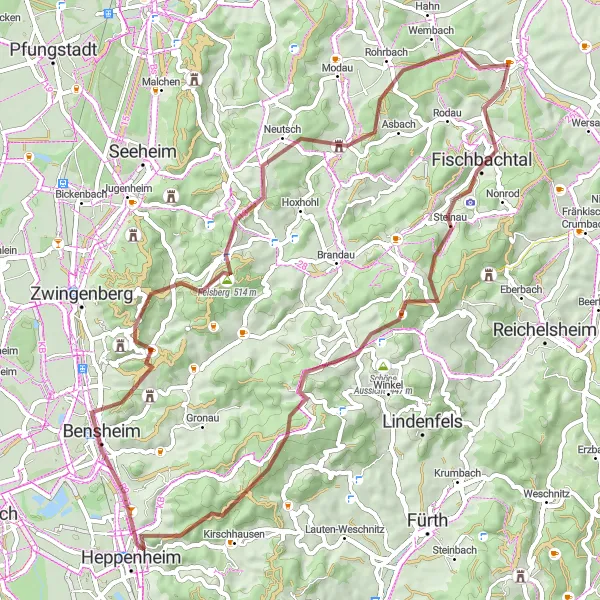 Map miniature of "Gravel Adventure through Fischbachtal" cycling inspiration in Darmstadt, Germany. Generated by Tarmacs.app cycling route planner