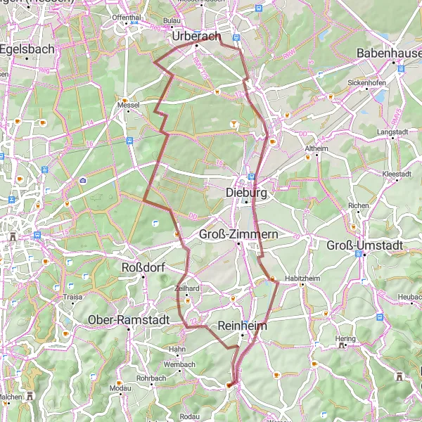 Karten-Miniaturansicht der Radinspiration "Gravel Tour durch Dieburg und Ueberau" in Darmstadt, Germany. Erstellt vom Tarmacs.app-Routenplaner für Radtouren