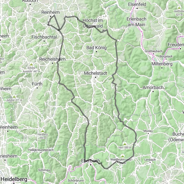 Map miniature of "Otzberg and the Odenwald Loop" cycling inspiration in Darmstadt, Germany. Generated by Tarmacs.app cycling route planner