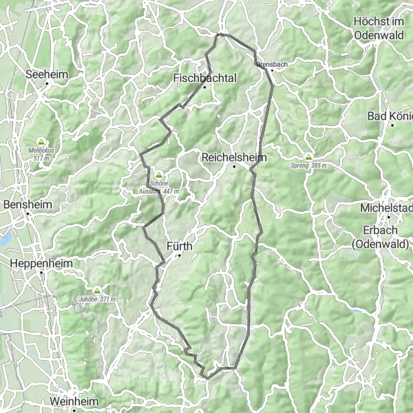 Karten-Miniaturansicht der Radinspiration "Road Tour durch Wald-Michelbach und Rimbach" in Darmstadt, Germany. Erstellt vom Tarmacs.app-Routenplaner für Radtouren