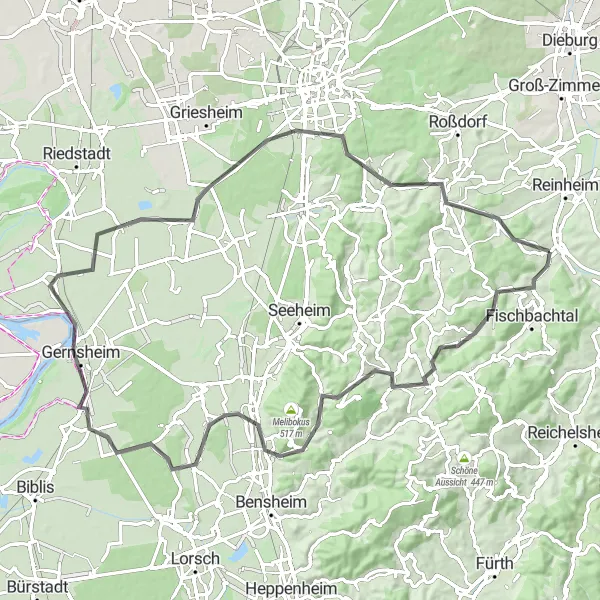 Map miniature of "Scenic Road Cycling Tour From Groß-Bieberau" cycling inspiration in Darmstadt, Germany. Generated by Tarmacs.app cycling route planner