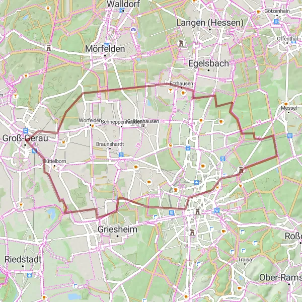Karten-Miniaturansicht der Radinspiration "Gravel-Tour durch Erzhausen und Kranichstein" in Darmstadt, Germany. Erstellt vom Tarmacs.app-Routenplaner für Radtouren