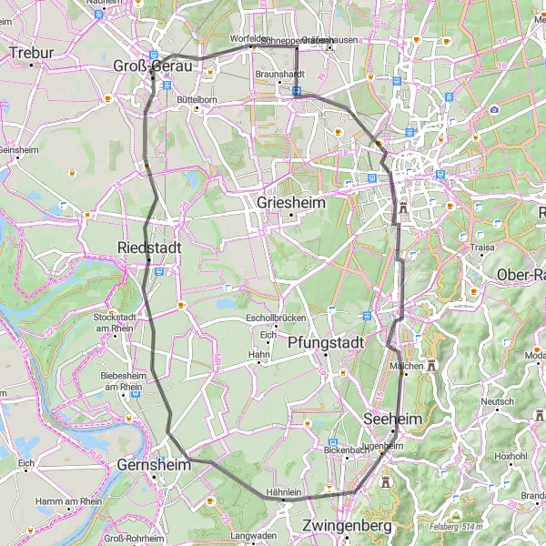 Karten-Miniaturansicht der Radinspiration "Tour durch Darmstadt und Umgebung" in Darmstadt, Germany. Erstellt vom Tarmacs.app-Routenplaner für Radtouren