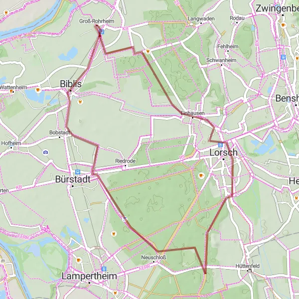 Map miniature of "Lorsch and Neuschloß Gravel Loop" cycling inspiration in Darmstadt, Germany. Generated by Tarmacs.app cycling route planner