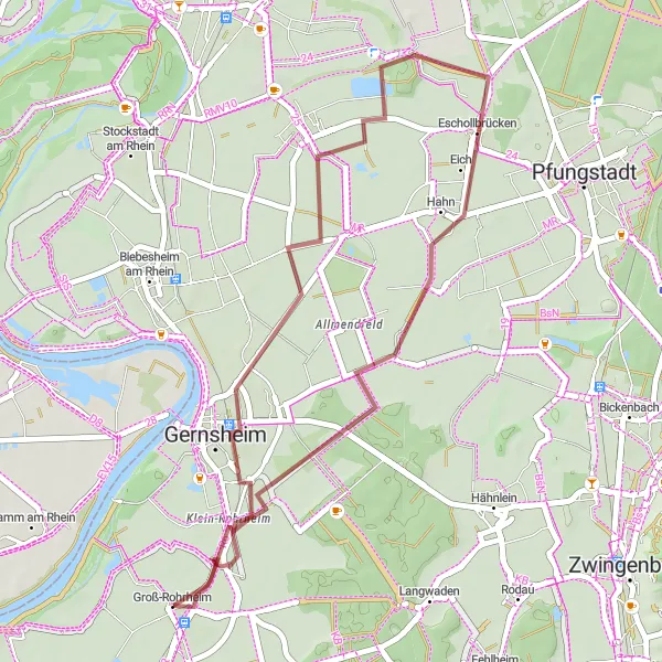 Map miniature of "Gorgeous Gernsheim Gravel Loop" cycling inspiration in Darmstadt, Germany. Generated by Tarmacs.app cycling route planner