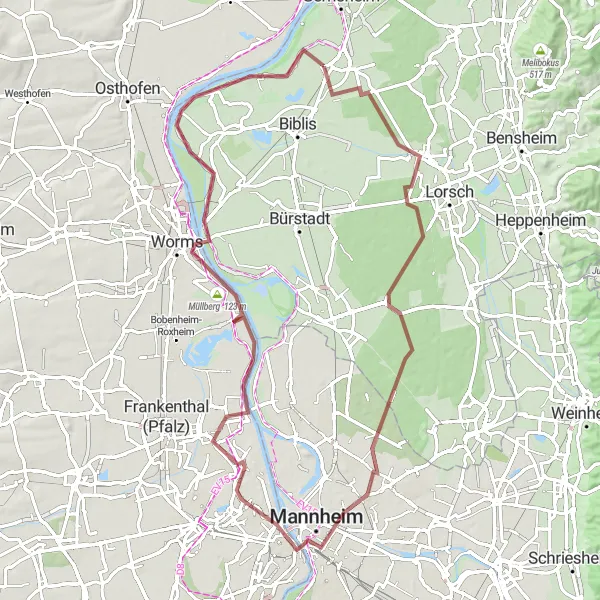 Map miniature of "Einhausen and Oppau Gravel Discovery" cycling inspiration in Darmstadt, Germany. Generated by Tarmacs.app cycling route planner