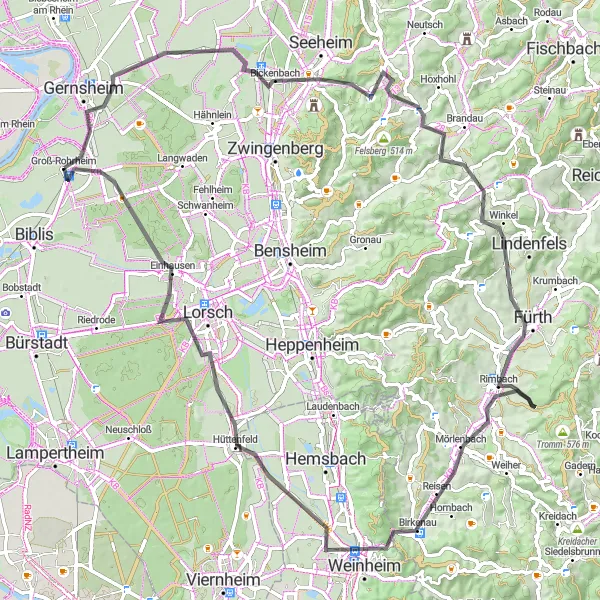 Map miniature of "Bickenbach and Mörlenbach Road Cycling Tour" cycling inspiration in Darmstadt, Germany. Generated by Tarmacs.app cycling route planner