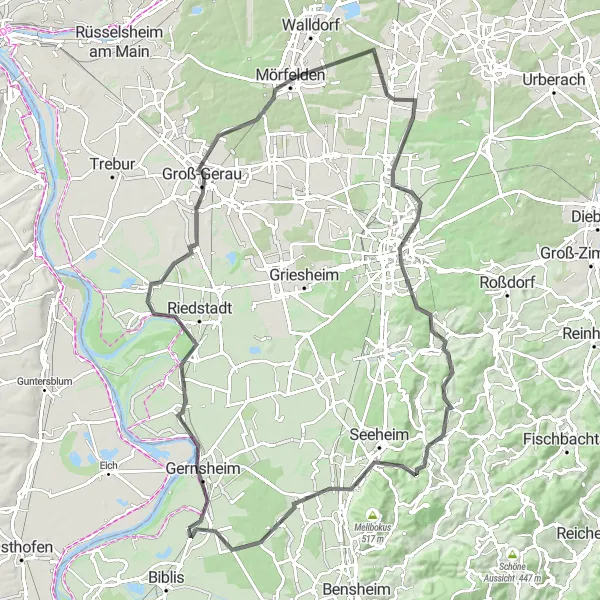 Map miniature of "Odenwald Road Adventures" cycling inspiration in Darmstadt, Germany. Generated by Tarmacs.app cycling route planner