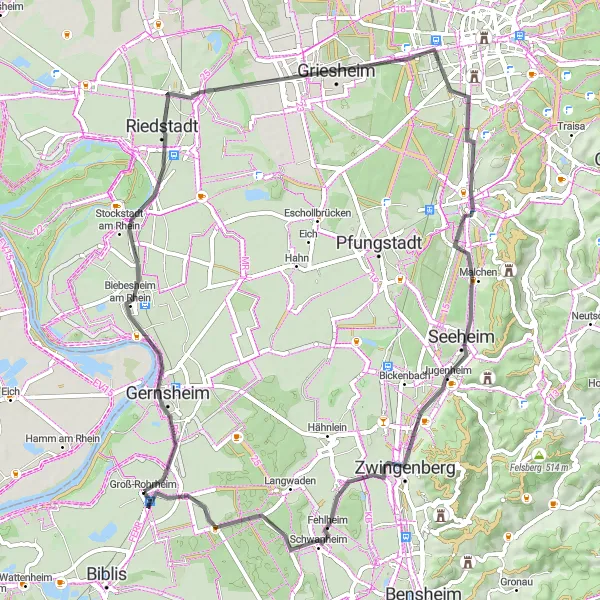 Karten-Miniaturansicht der Radinspiration "Rund um Groß-Rohrheim entlang des Rheins" in Darmstadt, Germany. Erstellt vom Tarmacs.app-Routenplaner für Radtouren