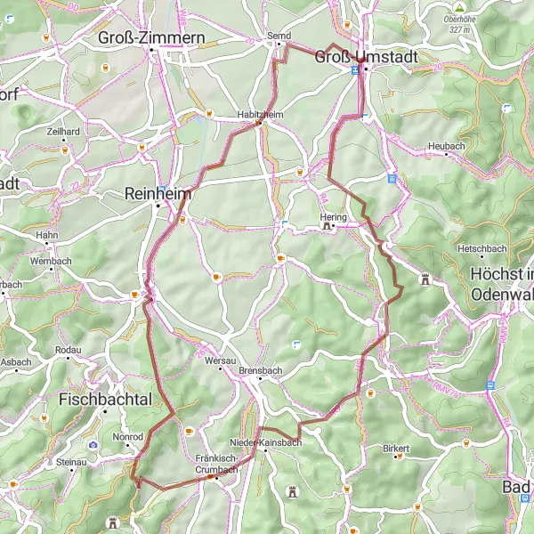 Map miniature of "Gravel Adventure" cycling inspiration in Darmstadt, Germany. Generated by Tarmacs.app cycling route planner