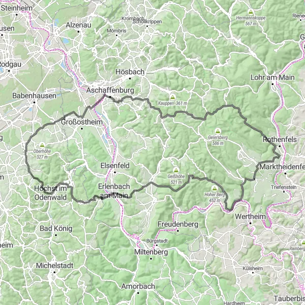 Map miniature of "Odenwald Adventure" cycling inspiration in Darmstadt, Germany. Generated by Tarmacs.app cycling route planner