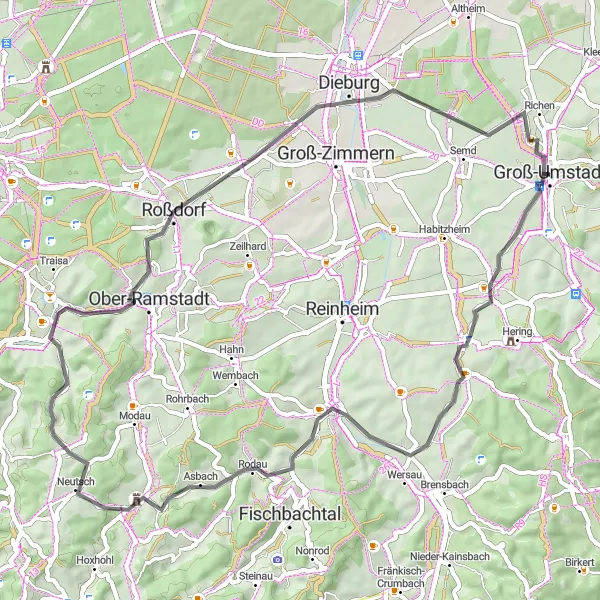 Map miniature of "Road Cycling Adventure from Groß-Umstadt" cycling inspiration in Darmstadt, Germany. Generated by Tarmacs.app cycling route planner