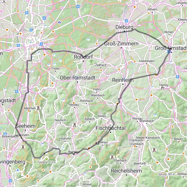 Karten-Miniaturansicht der Radinspiration "Täler und Höhen von Groß-Umstadt" in Darmstadt, Germany. Erstellt vom Tarmacs.app-Routenplaner für Radtouren