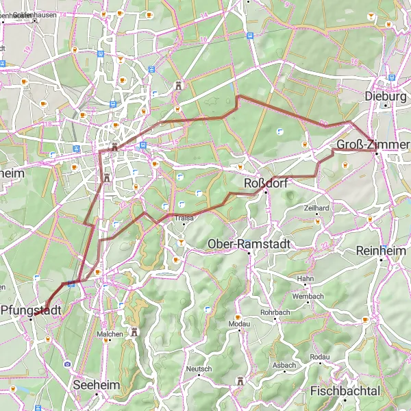 Map miniature of "Exploring Gravel Scenery near Groß-Zimmern" cycling inspiration in Darmstadt, Germany. Generated by Tarmacs.app cycling route planner