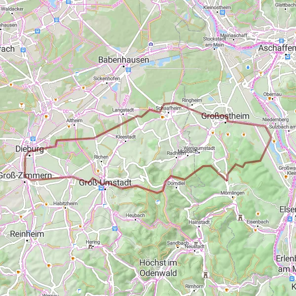 Map miniature of "Scenic Gravel Ride from Zimmern" cycling inspiration in Darmstadt, Germany. Generated by Tarmacs.app cycling route planner