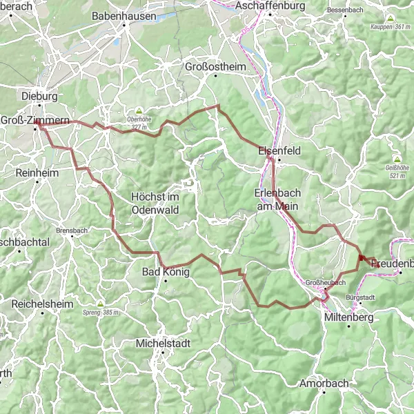Map miniature of "Gravel Route: Groß-Zimmern to Groß-Umstadt" cycling inspiration in Darmstadt, Germany. Generated by Tarmacs.app cycling route planner