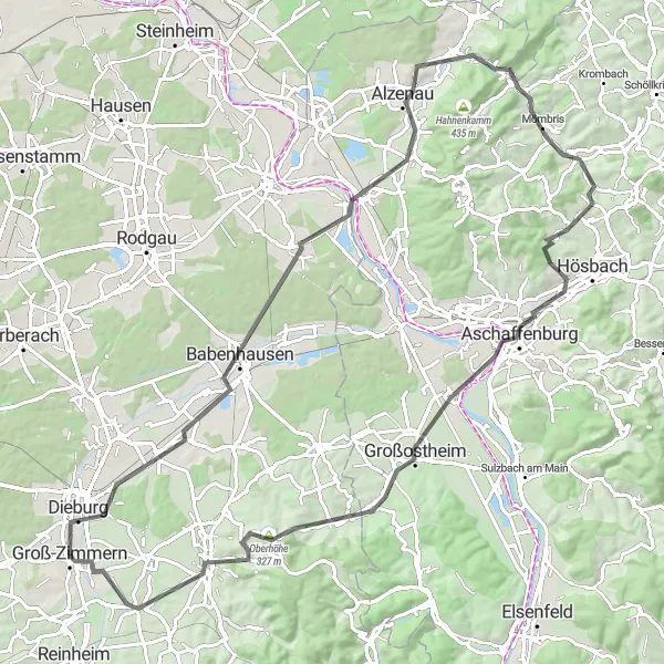 Map miniature of "Zimmern - Aschaffenburg Circular Road Route" cycling inspiration in Darmstadt, Germany. Generated by Tarmacs.app cycling route planner