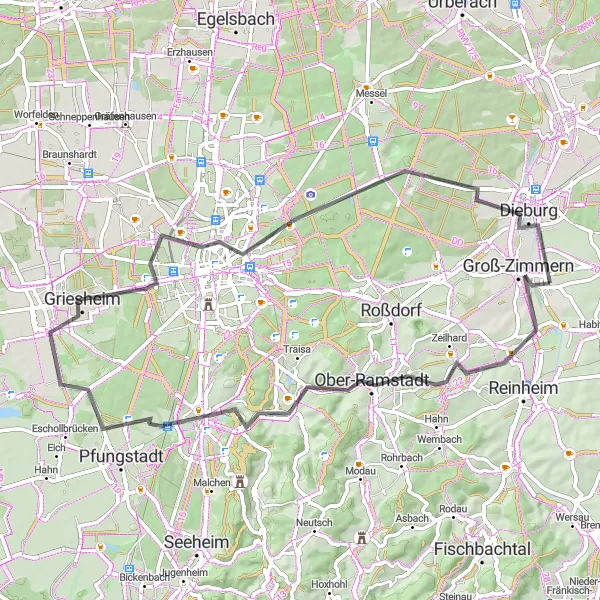 Map miniature of "Road Route: Groß-Zimmern Round Trip" cycling inspiration in Darmstadt, Germany. Generated by Tarmacs.app cycling route planner