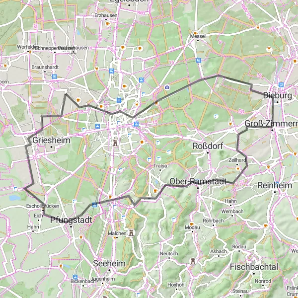 Map miniature of "Groß-Zimmern - Ober-Ramstadt Circular Road Route" cycling inspiration in Darmstadt, Germany. Generated by Tarmacs.app cycling route planner