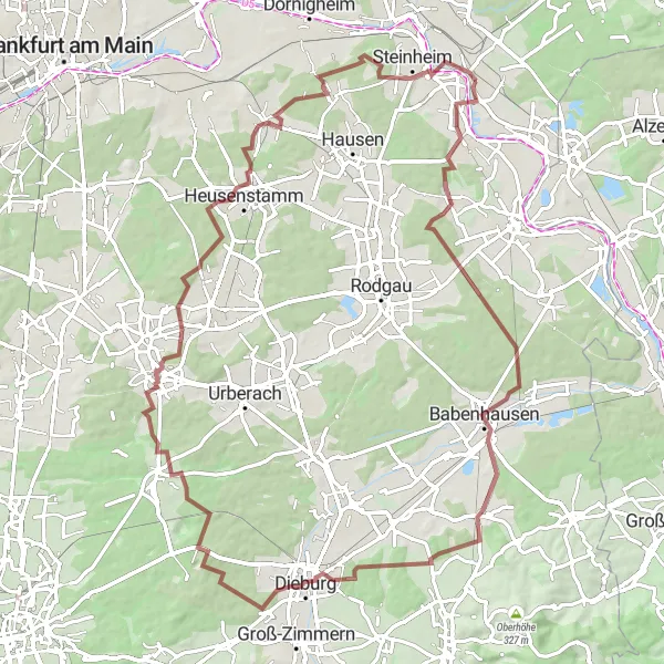 Map miniature of "Großauheim Gravel Journey" cycling inspiration in Darmstadt, Germany. Generated by Tarmacs.app cycling route planner
