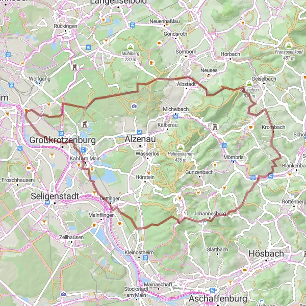 Map miniature of "Scenic Gravel Loop near Großauheim" cycling inspiration in Darmstadt, Germany. Generated by Tarmacs.app cycling route planner