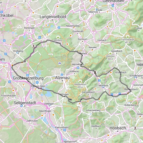 Map miniature of "Scenic Road Ride around Großauheim" cycling inspiration in Darmstadt, Germany. Generated by Tarmacs.app cycling route planner