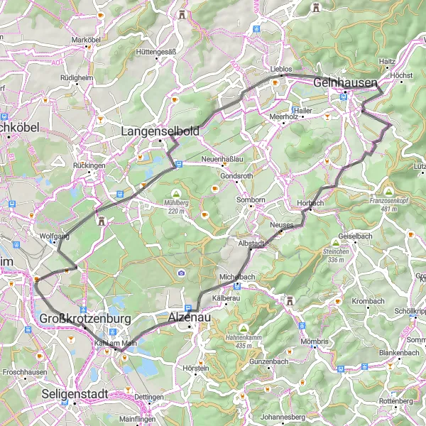 Map miniature of "Road Cycling Exploration from Großauheim" cycling inspiration in Darmstadt, Germany. Generated by Tarmacs.app cycling route planner