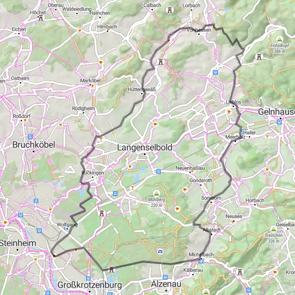 Map miniature of "Hinterland Adventure" cycling inspiration in Darmstadt, Germany. Generated by Tarmacs.app cycling route planner