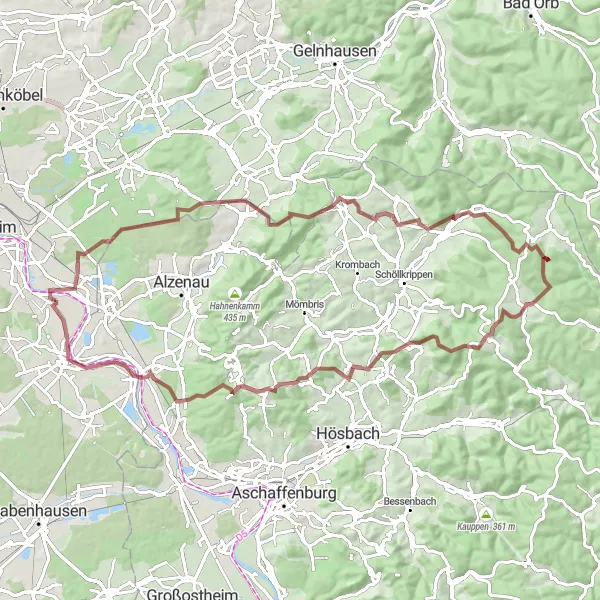 Map miniature of "Großkrotzenburg Gravel Route" cycling inspiration in Darmstadt, Germany. Generated by Tarmacs.app cycling route planner