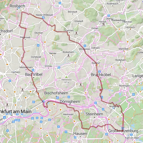 Map miniature of "A Gravel Adventure near Großkrotzenburg" cycling inspiration in Darmstadt, Germany. Generated by Tarmacs.app cycling route planner