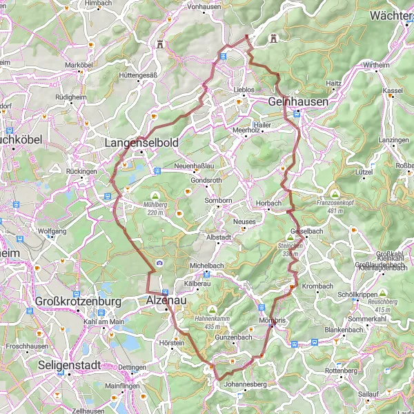 Map miniature of "Gravel Route around Hain-Gründau" cycling inspiration in Darmstadt, Germany. Generated by Tarmacs.app cycling route planner