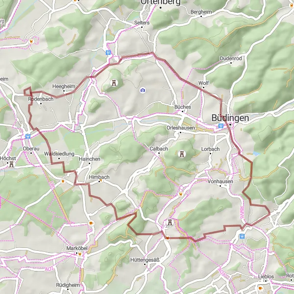 Map miniature of "Gravel Adventure: Hain-Gründau and Beyond" cycling inspiration in Darmstadt, Germany. Generated by Tarmacs.app cycling route planner