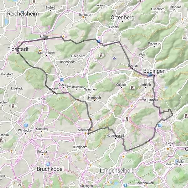 Map miniature of "Hain-Gründau Loop" cycling inspiration in Darmstadt, Germany. Generated by Tarmacs.app cycling route planner