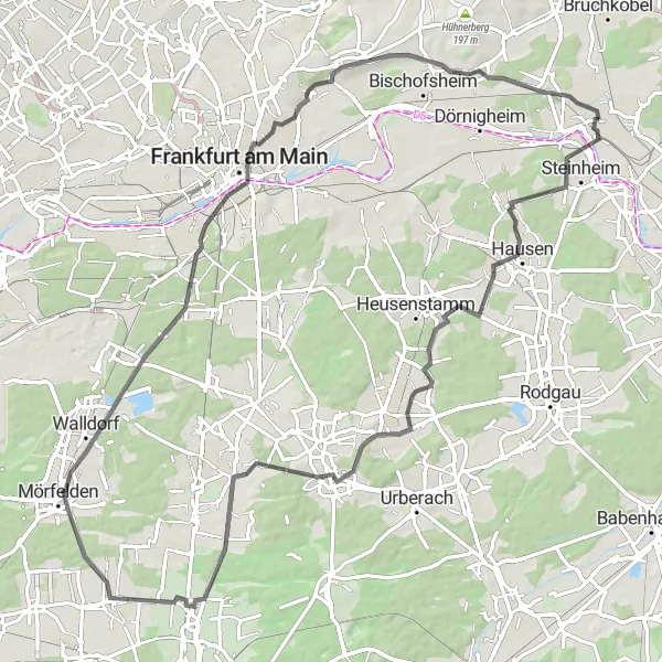 Map miniature of "Mainauen round-trip" cycling inspiration in Darmstadt, Germany. Generated by Tarmacs.app cycling route planner