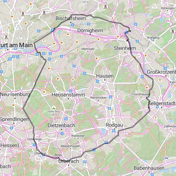 Map miniature of "Riverside Cycling Adventure in Hanau" cycling inspiration in Darmstadt, Germany. Generated by Tarmacs.app cycling route planner